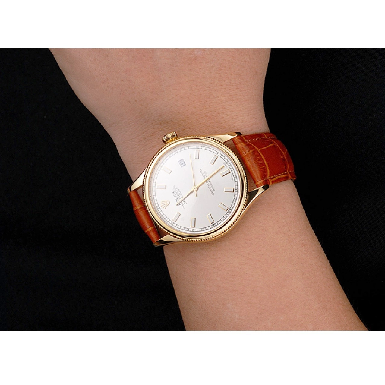 Good copy rolex watches Light Dial White Leather Strap Brown Case Gold Swiss Rolex Datejust 0501
